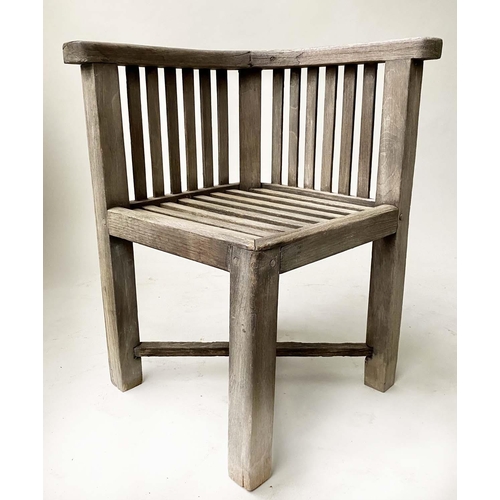 188 - HEALS GARDEN TABLE AND CHAIRS, weathered slatted teak, with four integral armchairs, 94cm x 94cm 74c... 