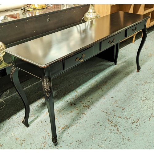 199 - SIDE TABLE, 80cm H x 175cm W x 47cm D, Louis XV style ebonised with three drawers.