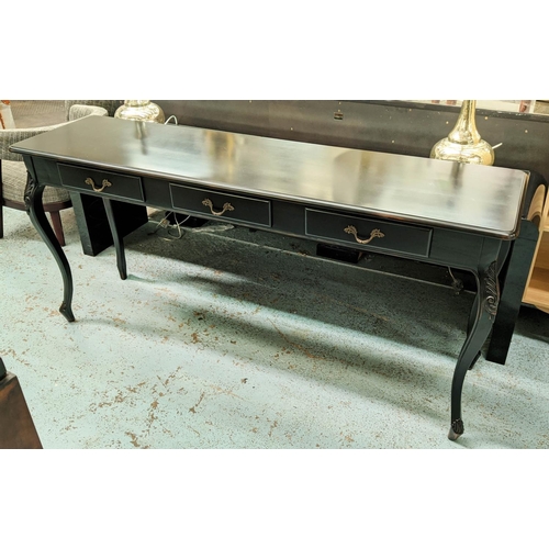 199 - SIDE TABLE, 80cm H x 175cm W x 47cm D, Louis XV style ebonised with three drawers.