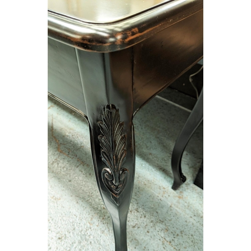 199 - SIDE TABLE, 80cm H x 175cm W x 47cm D, Louis XV style ebonised with three drawers.