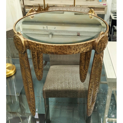 449 - SIDE TABLE, the circular bevelled mirrored top on a hammered gilt metal base, 50cm x 54cm H.