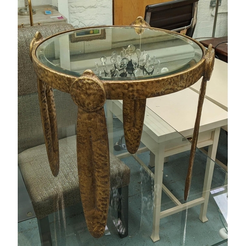 449 - SIDE TABLE, the circular bevelled mirrored top on a hammered gilt metal base, 50cm x 54cm H.