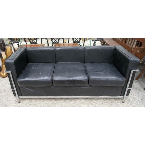 446 - AFTER LE CORBUSIER LC 3 STYLE SOFA, 70cm H x 180cm x 70cm, black leather, three seater.