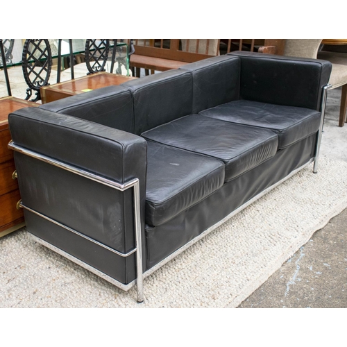 446 - AFTER LE CORBUSIER LC 3 STYLE SOFA, 70cm H x 180cm x 70cm, black leather, three seater.