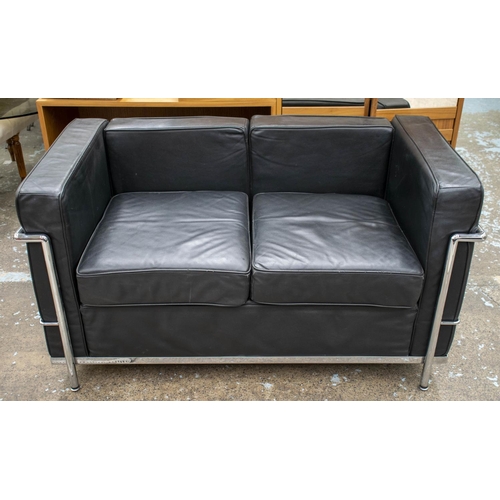 447 - AFTER LE CORBUSIER LC 2 STYLE SOFA, 70cm H x 130cm x 70cm, black leather, two seater.