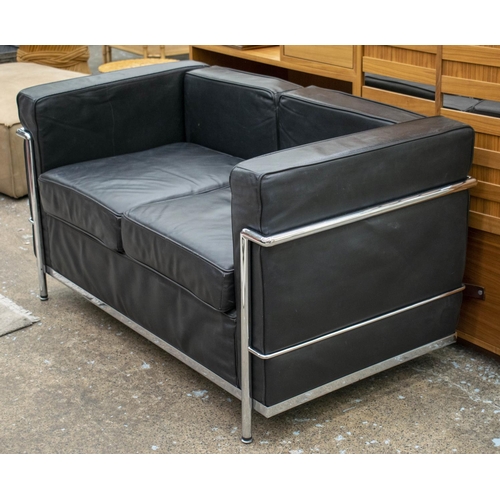 447 - AFTER LE CORBUSIER LC 2 STYLE SOFA, 70cm H x 130cm x 70cm, black leather, two seater.