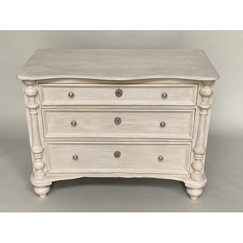 150 - COMMODE, 19th century French traditionally grey painted with three long drawers and columns, 105cm W... 