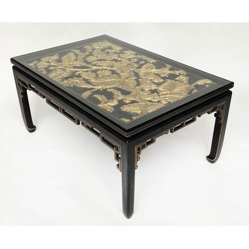 168 - LOW TABLE, Chinese lacquered and gilt, rectangular with carved giltwood foliate panel and glass top,... 