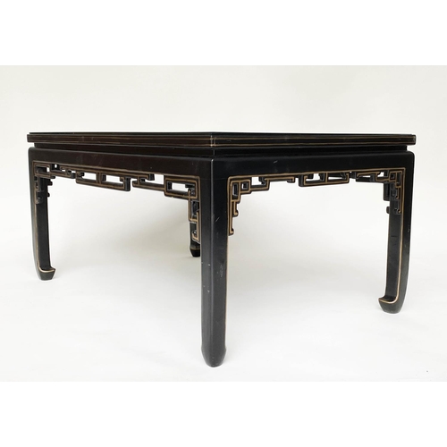 168 - LOW TABLE, Chinese lacquered and gilt, rectangular with carved giltwood foliate panel and glass top,... 