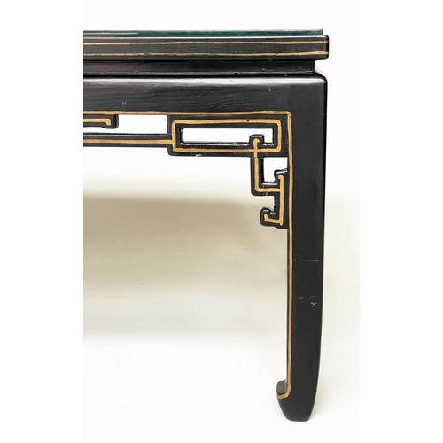 168 - LOW TABLE, Chinese lacquered and gilt, rectangular with carved giltwood foliate panel and glass top,... 