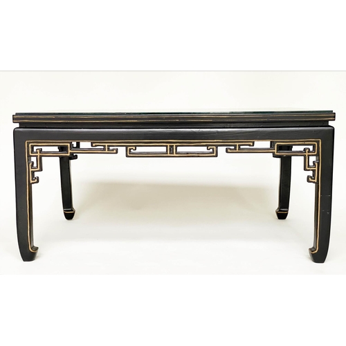 168 - LOW TABLE, Chinese lacquered and gilt, rectangular with carved giltwood foliate panel and glass top,... 