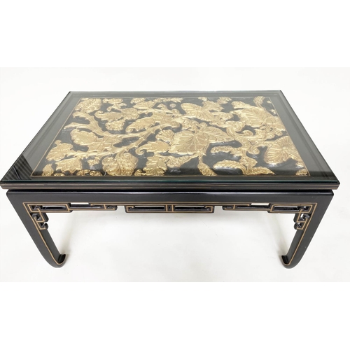 168 - LOW TABLE, Chinese lacquered and gilt, rectangular with carved giltwood foliate panel and glass top,... 