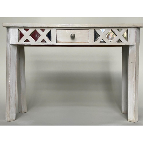 223 - SIDE TABLE, orangery style grey painted mirror backed lattice frieze and drawer, 106cm x 38cm x 76cm... 