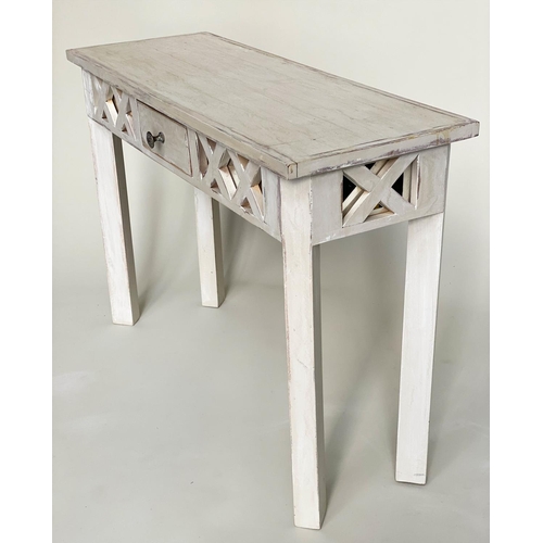 223 - SIDE TABLE, orangery style grey painted mirror backed lattice frieze and drawer, 106cm x 38cm x 76cm... 