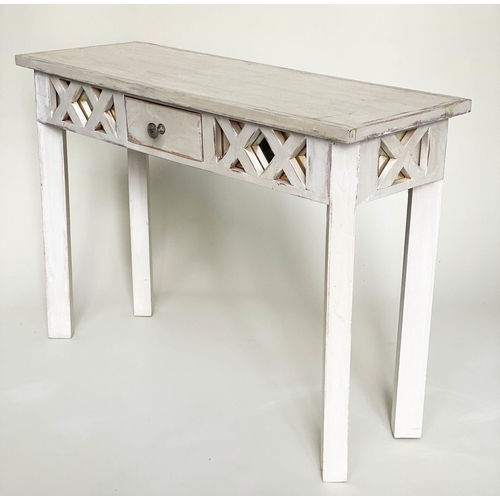 223 - SIDE TABLE, orangery style grey painted mirror backed lattice frieze and drawer, 106cm x 38cm x 76cm... 