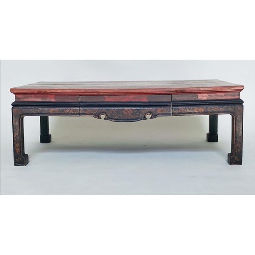 104 - LOW TABLE, Chinese late 19th/early 20th century scarlet and black lacquered with incised dragon deco... 