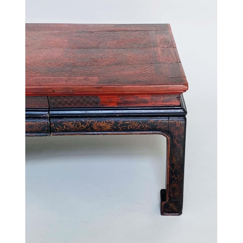 104 - LOW TABLE, Chinese late 19th/early 20th century scarlet and black lacquered with incised dragon deco... 