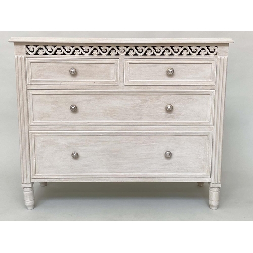 109 - CHEST, French grey painted with pierced frieze above two short and two long drawers, 92cm x 85cm H x... 