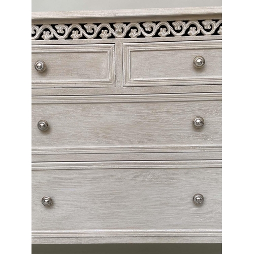 109 - CHEST, French grey painted with pierced frieze above two short and two long drawers, 92cm x 85cm H x... 