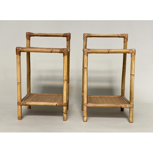 112 - LAMP TABLES, a pair, bamboo and cane bound with two wicker panelled shelves and upstand, 35cm x 32cm... 