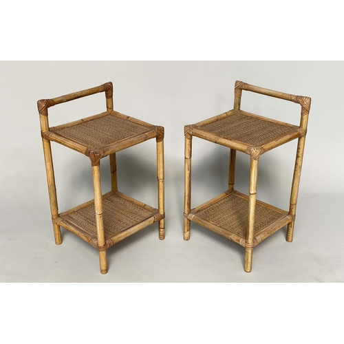 112 - LAMP TABLES, a pair, bamboo and cane bound with two wicker panelled shelves and upstand, 35cm x 32cm... 