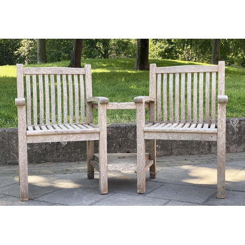120 - GARDEN CONVERSATION SEATS, silvery weathered teak slatted armchairs with conjoined table, 156cm x 90... 