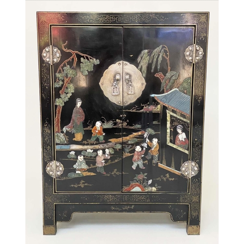 231 - CHINESE SIDE CABINET, Chinese lacquered and gilt Chinoiserie decoration with two doors and silvered ... 