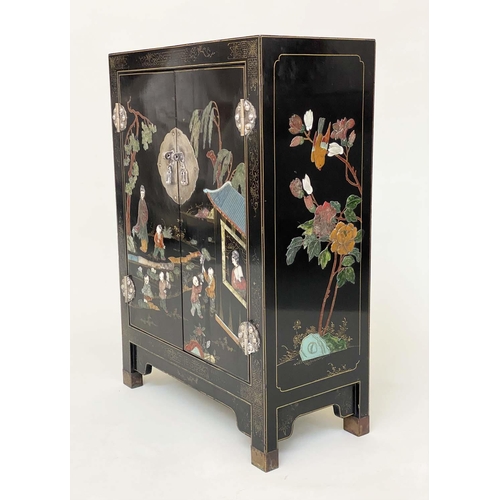 231 - CHINESE SIDE CABINET, Chinese lacquered and gilt Chinoiserie decoration with two doors and silvered ... 