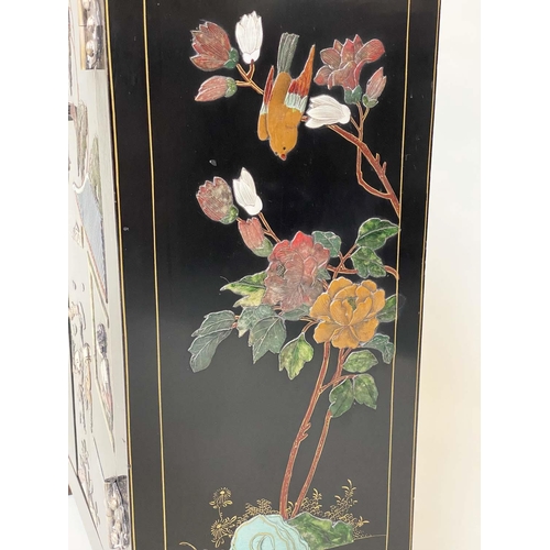 231 - CHINESE SIDE CABINET, Chinese lacquered and gilt Chinoiserie decoration with two doors and silvered ... 