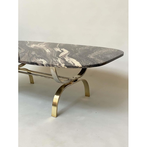 290 - LOW TABLE, rounded rectangular breche violette marble raised upon down swept gilt metal supports, 90... 