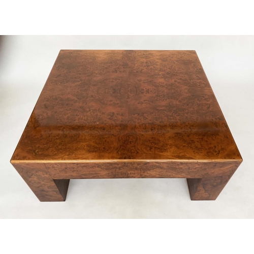 293 - LOW TABLE, contemporary burr walnut square, with square corner supports, 101cm x 101cm x 41cm H.