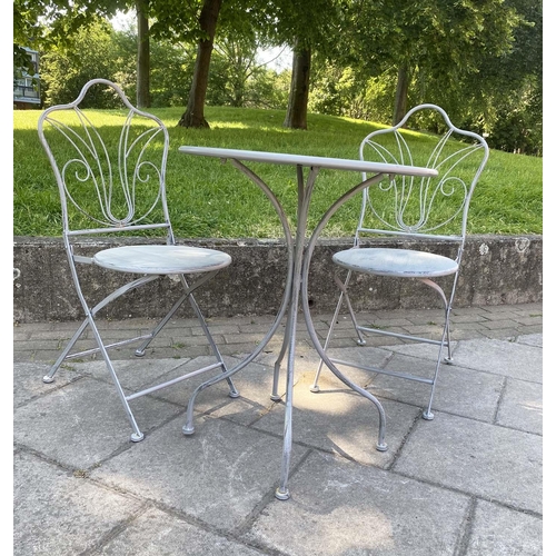 297 - BISTRO/TERRACE SET, French style grey painted metal with two folding chairs and a circular table, ta... 