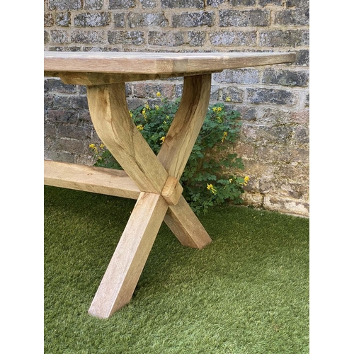 299 - GARDEN TABLE, rectangular weathered teak and slatted with substantial X frame support, 86cm x 183cm ... 