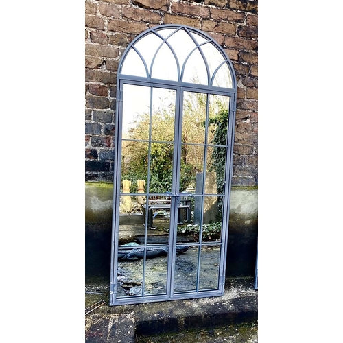 408 - ARCHITECTURAL GARDEN MIRROR, 180cm H x 75cm W, gated design, metal frame.