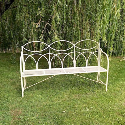 434 - GARDEN BENCH, 99cm high, 163cm wide, 43cm deep, Regency style, white painted metal.