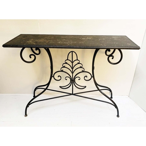 435 - CONSOLE TABLE, 92cm high, 122cm wide, 40cm deep, French Provincial style, aged painted metal.