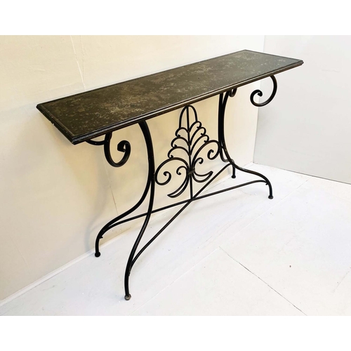 435 - CONSOLE TABLE, 92cm high, 122cm wide, 40cm deep, French Provincial style, aged painted metal.