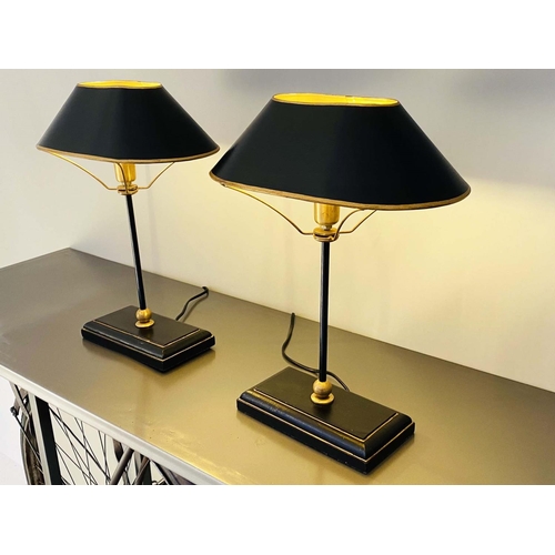 453 - BOUILLOTTE STYLE TABLE LAMPS, a pair, 42cm x 31cm x 20cm, with shades.