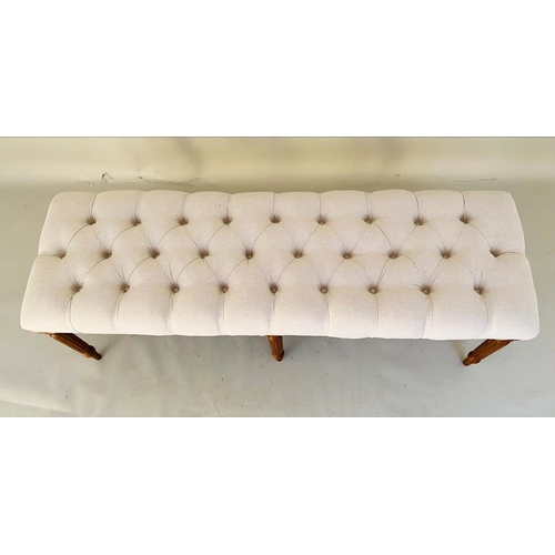 455 - HALL SEAT, 51cm H x 122cm W x 44cm D, deep buttoned neutral upholstery, raised on turned legs.