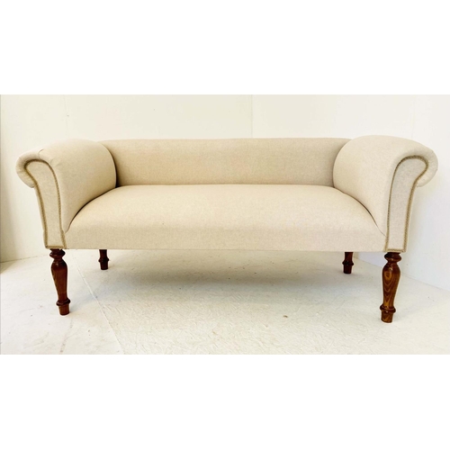 457 - SOFA, 135cm wide, French provincial style, neutral linen upholstered.