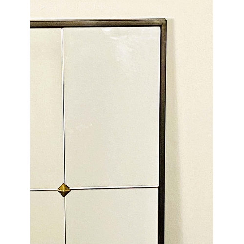 459 - ARCHITECTURAL WALL MIRROR, segmented plate in black frame, gilt stud detail, 120cm x 70cm.