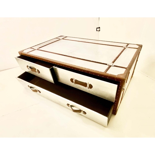 461 - AVIATOR STYLE LOW TABLE, 47cm H x 139cm W x 84cm D, fitted with three drawers.