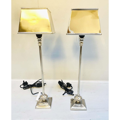 462 - LIBRARY LAMPS, PAIR, 59cm high, polished metal, with shades, a pair. (2)