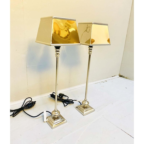 462 - LIBRARY LAMPS, PAIR, 59cm high, polished metal, with shades, a pair. (2)