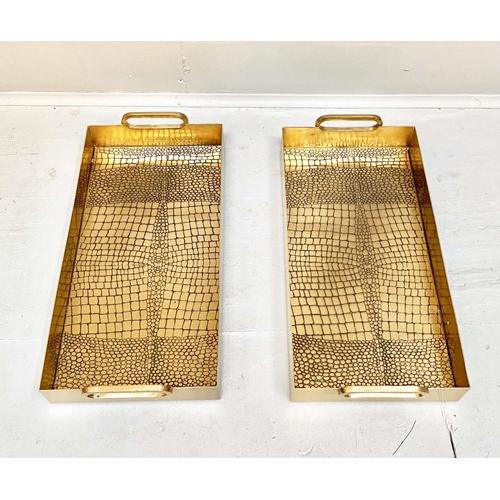 463 - COCKTAILS TRAYS, a pair, gilt metal, with a faux crocodile embossed design, 8cm x 49cm x 23cm. (2)