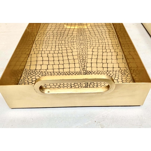 463 - COCKTAILS TRAYS, a pair, gilt metal, with a faux crocodile embossed design, 8cm x 49cm x 23cm. (2)