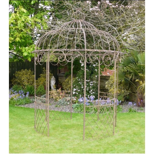 465 - ARCHITECTURAL GARDEN PERGOLA, 300cm high, 225cm diameter, Regency style, rust oxidated metal.