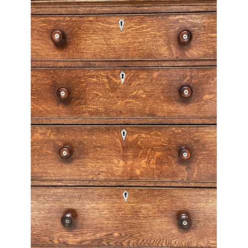 81 - CHEST, 19th century oak with shaped 3/4 gallery above four long graduated drawers with bone escutche... 