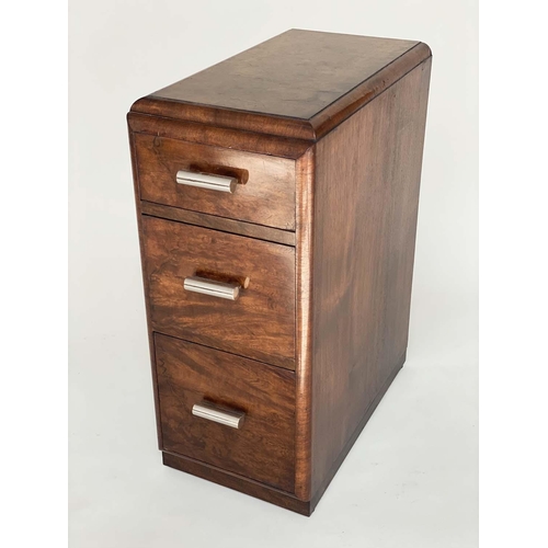 87 - ART DECO BEDSIDE CHESTS, a pair, figured walnut each with three drawers and bale chromium handles, 4... 