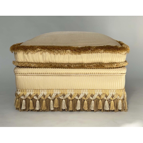 92 - CENTRE STOOL, square gold and yellow silk style fabric upholstery with cushion and fringe, 73cm x 73... 